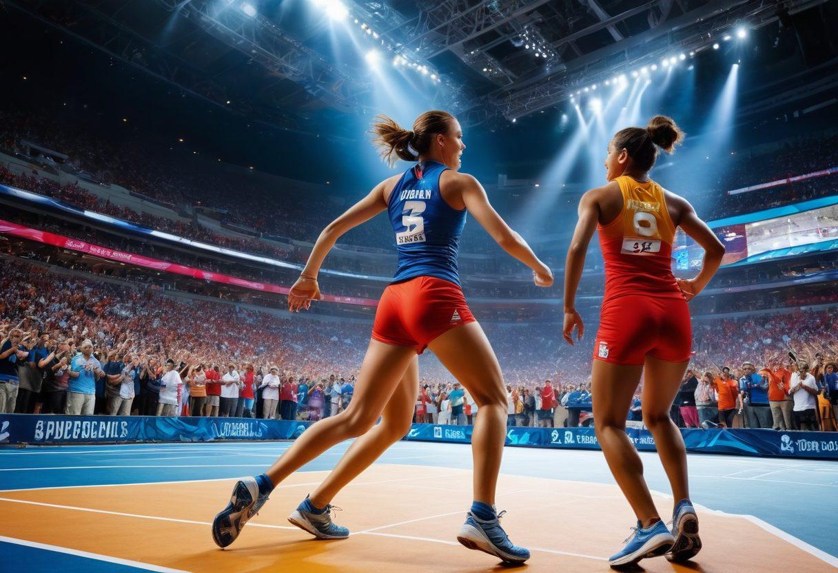 A dynamic scene capturing a multi-sport championship event, with athletes in action showcasing intense moments. Highlight shining trophies, ranking boards, and a futuristic backdrop hinting at future contenders. Include an energetic crowd in the background. vibrant colors. super-realistic.