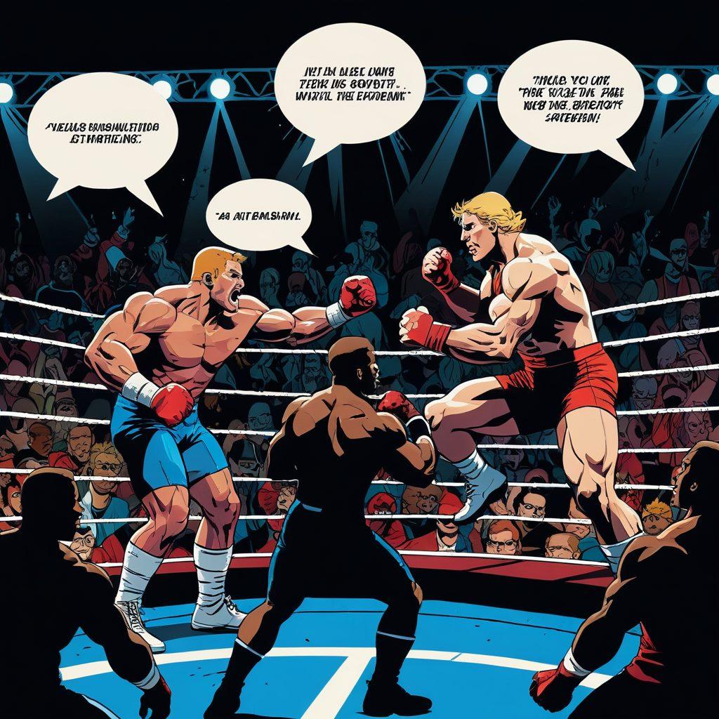 A dynamic scene inside a high-energy wrestling ring with intense spotlights; athletes mid-action, showcasing powerful moves and expressions of determination; a backdrop featuring silhouettes of a roaring audience, headlines and snippets of gossiping rumors floating like speech bubbles, and a spotlighted area where an interviewer engages passionately with a top wrestling star. comic book style. vibrant colors. high contrast.